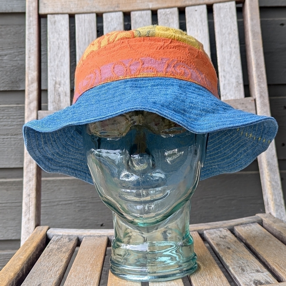 Handmade Patchwork Tapestry Denim Bucket Hat Unisex Blue Orange Pink Yellow - Picture 1 of 7